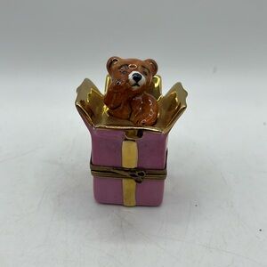 Vtg Limoges France Bear Present Hand Painted Trinket Box Collectible Decor Mini